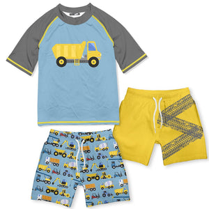 Millie Loves Lily Boys Blue & Grey Construction Truck Rashguard Set, 3 - pcs, UPF 50+ - Millieloveslily.com