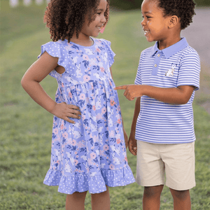 Millie Loves Lily Boys Blue Short Sleeve Stripe Polo Shirt With Bunny Image - Millieloveslily.com