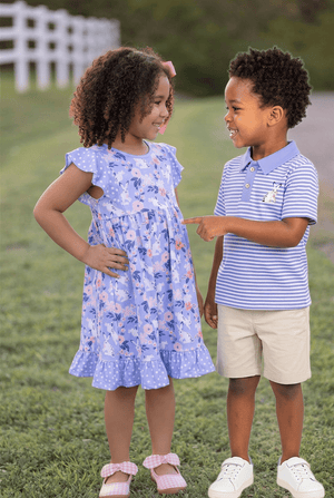 Millie Loves Lily Boys Blue Short Sleeve Stripe Polo Shirt With Bunny Image - Millieloveslily.com