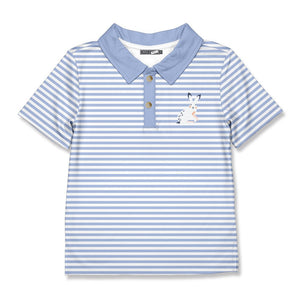 Millie Loves Lily Boys Blue Short Sleeve Stripe Polo Shirt With Bunny Image - Millieloveslily.com