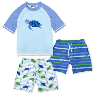 Millie Loves Lily Boys Blue Stripe Turtle Rashguard Set, 3 - pcs, UPF 50+ - Millieloveslily.com