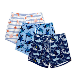 Boys Blue Turtle, Blue Stripe & Navy shark Swim Shorts, 3 - pcs UPF 50+