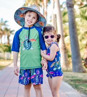 Millie Loves Lily Boys Navy & Green Water Turtle Rashguard Set, 3 - pcs, UPF 50+ - Millieloveslily.com