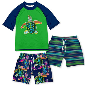 Millie Loves Lily Boys Navy & Green Water Turtle Rashguard Set, 3 - pcs, UPF 50+ - Millieloveslily.com
