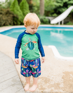 Millie Loves Lily Boys Navy & Green Water Turtle Rashguard Set, 3 - pcs, UPF 50+ - Millieloveslily.com