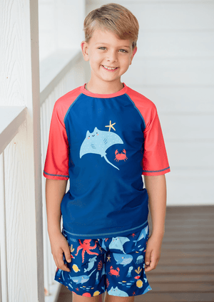 Millie Loves Lily Boys Navy & Orange Sea Animals Rashguard Set, 3 - pcs, UPF 50+ - Millieloveslily.com
