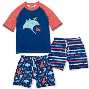 Millie Loves Lily Boys Navy & Orange Sea Animals Rashguard Set, 3 - pcs, UPF 50+ - Millieloveslily.com