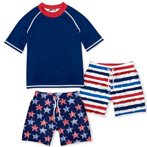 Millie Loves Lily Boys Red,Wht,Blue Stars & Stripes Rashguard Set, 3 - pcs, UPF 50+ - Millieloveslily.com