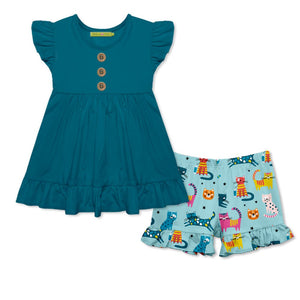 Girls Teal Top & Kitty Print Ruffle Shorts on a white background, front