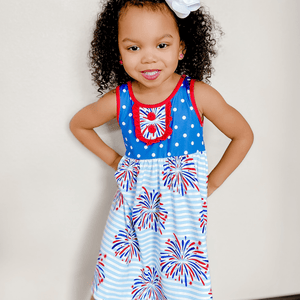Millie Loves Lily Girls' Blue American Flag Patriotic Fireworks Dress & Matching Short Set 2 - PCS - Millieloveslily.com