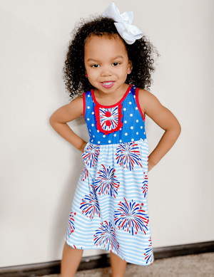 Millie Loves Lily Girls' Blue American Flag Patriotic Fireworks Dress & Matching Short Set 2 - PCS - Millieloveslily.com