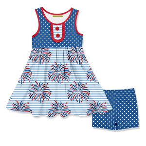 Millie Loves Lily Girls' Blue American Flag Patriotic Fireworks Dress & Matching Short Set 2 - PCS - Millieloveslily.com