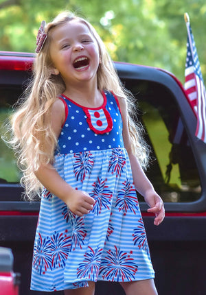 Millie Loves Lily Girls' Blue American Flag Patriotic Fireworks Dress & Matching Short Set 2 - PCS - Millieloveslily.com