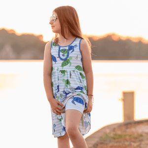 Millie Loves Lily Girls Blue and Green Turtle Print Dress and Short Set,2 - PCS - Millieloveslily.com