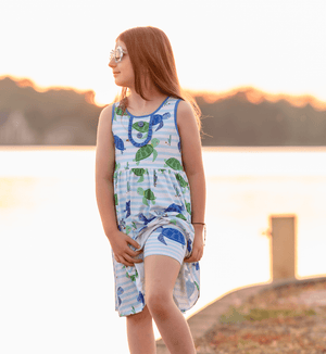 Millie Loves Lily Girls Blue and Green Turtle Print Dress and Short Set,2 - PCS - Millieloveslily.com