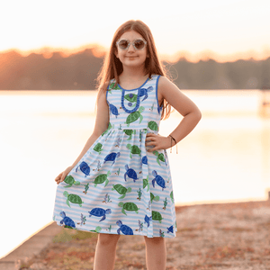 Millie Loves Lily Girls Blue and Green Turtle Print Dress and Short Set,2 - PCS - Millieloveslily.com