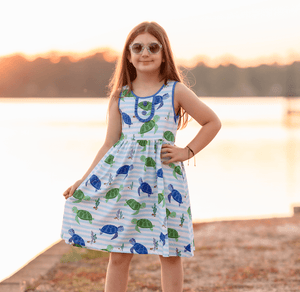 Millie Loves Lily Girls Blue and Green Turtle Print Dress and Short Set,2 - PCS - Millieloveslily.com