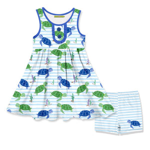 Millie Loves Lily Girls Blue and Green Turtle Print Dress and Short Set,2 - PCS - Millieloveslily.com