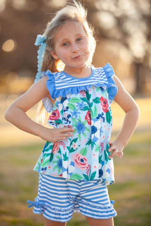 Millie Loves Lily Girls Blue Mandy Floral Top and Short Set, 2 - PCS - Millieloveslily.com