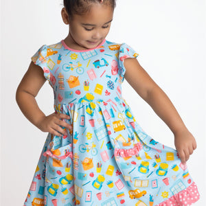 Millie Loves Lily Girls' Ice Blue School Print, 2- Pocket Dress - Millieloveslily.com