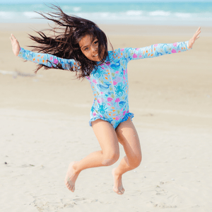 Millie Loves Lily Girls Ice Blue Sea Creatures Zip Front Rash Guard, UPF 50+ - Millieloveslily.com