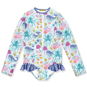 Millie Loves Lily Girls Ice Blue Sea Creatures Zip Front Rash Guard, UPF 50+ - Millieloveslily.com