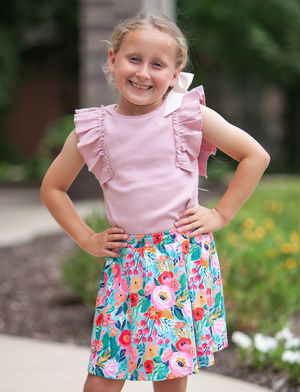 Millie Loves Lily Girls Mint and Pink Rib Tops and Printed Skorts Set, 4 - PCS - Millieloveslily.com