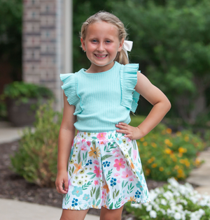 Millie Loves Lily Girls Mint and Pink Rib Tops and Printed Skorts Set, 4 - PCS - Millieloveslily.com
