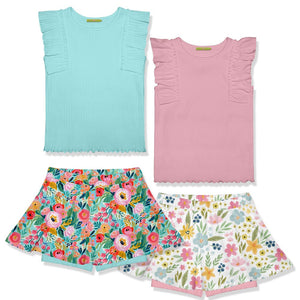 Girls Mint and Pink Rib Tops and Printed Skorts Set, 4 - PCS  on a white background, front- Millieloveslily.com