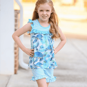 Millie Loves Lily Girls Mint Turtle Print Top and Stripe Short Set,Big Girls,2PCS - Millieloveslily.com