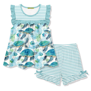  Girls Mint Turtle Print Top and Stripe Short Set, on a white background, front
