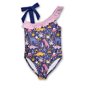 Millie Loves Lily Girls Navy Assymetrical Dinosaur Print 1 piece Swimsuit - Millieloveslily.com