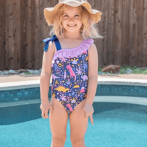 Millie Loves Lily Girls Navy Assymetrical Dinosaur Print 1 piece Swimsuit - Millieloveslily.com