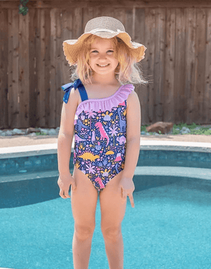 Millie Loves Lily Girls Navy Assymetrical Dinosaur Print 1 piece Swimsuit - Millieloveslily.com