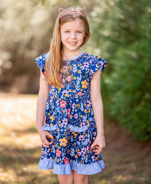 Millie Loves Lily Girls' Navy Floral 2 - Pocket Dress - Millieloveslily.com