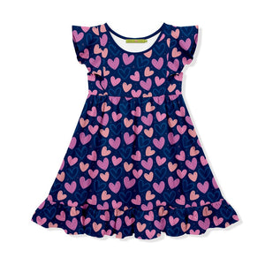Girls Navy Hearts Angel Sleeve Dress on a white background, front- Millieloveslily.com