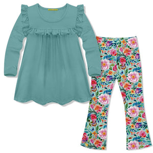 Millie Loves Lily Girls Nile Blue Ruffle Top & Floral Legging Set - Millieloveslily.com