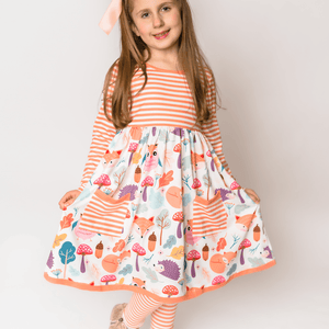 Millie Loves Lily Girls Orange Woodland Owl 2 Pocket Dress & Legging Set - Millieloveslily.com