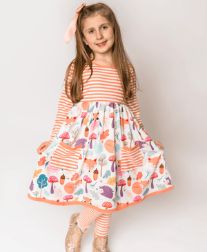 Millie Loves Lily Girls Orange Woodland Owl 2 Pocket Dress & Legging Set - Millieloveslily.com