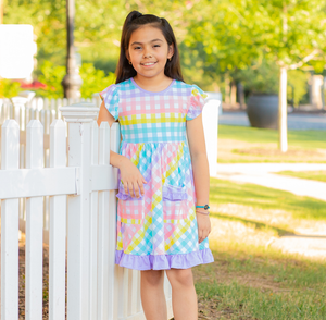 Millie Loves Lily Girls Pastel Gingham Check 2 - Pocket Dress - Millieloveslily.com