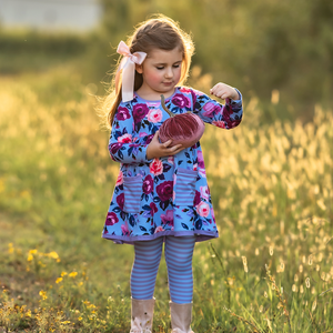 Millie Loves Lily Girls Periwinkle Rose Floral 2 Pocket Dress & Legging Set - Millieloveslily.com