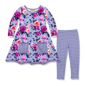 Millie Loves Lily Girls Periwinkle Rose Floral 2 Pocket Dress & Legging Set - Millieloveslily.com