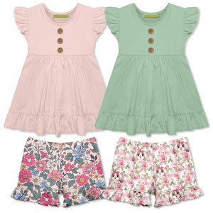 Millie Loves Lily Girls Pink and Sage Tops and Printed Ruffle Shorts Set, 4-PCS - Millieloveslily.com