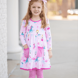 Millie Loves Lily Girls Pink Ballerina and Unicorns 2 Pocket Dress & Legging Set - Millieloveslily.com