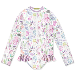 Millie Loves Lily Girls Pink Octopus Sea Zip Front Rash Guard, UPF 50+ - Millieloveslily.com