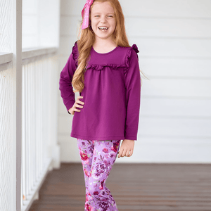Millie Loves Lily Girls Plum Ruffle Top & Floral Flared Legging Set, Big Girl - Millieloveslily.com