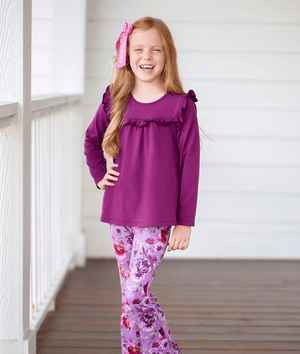 Millie Loves Lily Girls Plum Ruffle Top & Floral Flared Legging Set, Big Girl - Millieloveslily.com