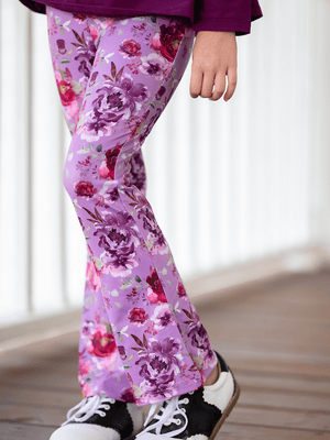 Millie Loves Lily Girls Plum Ruffle Top & Floral Flared Legging Set, Big Girl - Millieloveslily.com