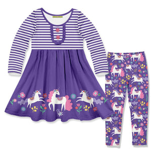 Millie Loves Lily Girls Purple Darling Unicorn Button - Accent A - Line Dress & Leggings Set - Millieloveslily.com
