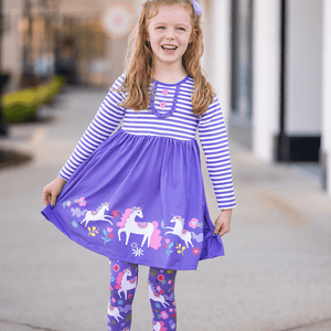 Millie Loves Lily Girls Purple Darling Unicorn Button - Accent A - Line Dress & Leggings Set - Millieloveslily.com